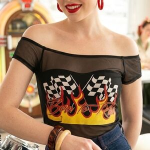 Hot Topic Black Mesh Off-Shoulder Crop Top with Flame and Checkered Design